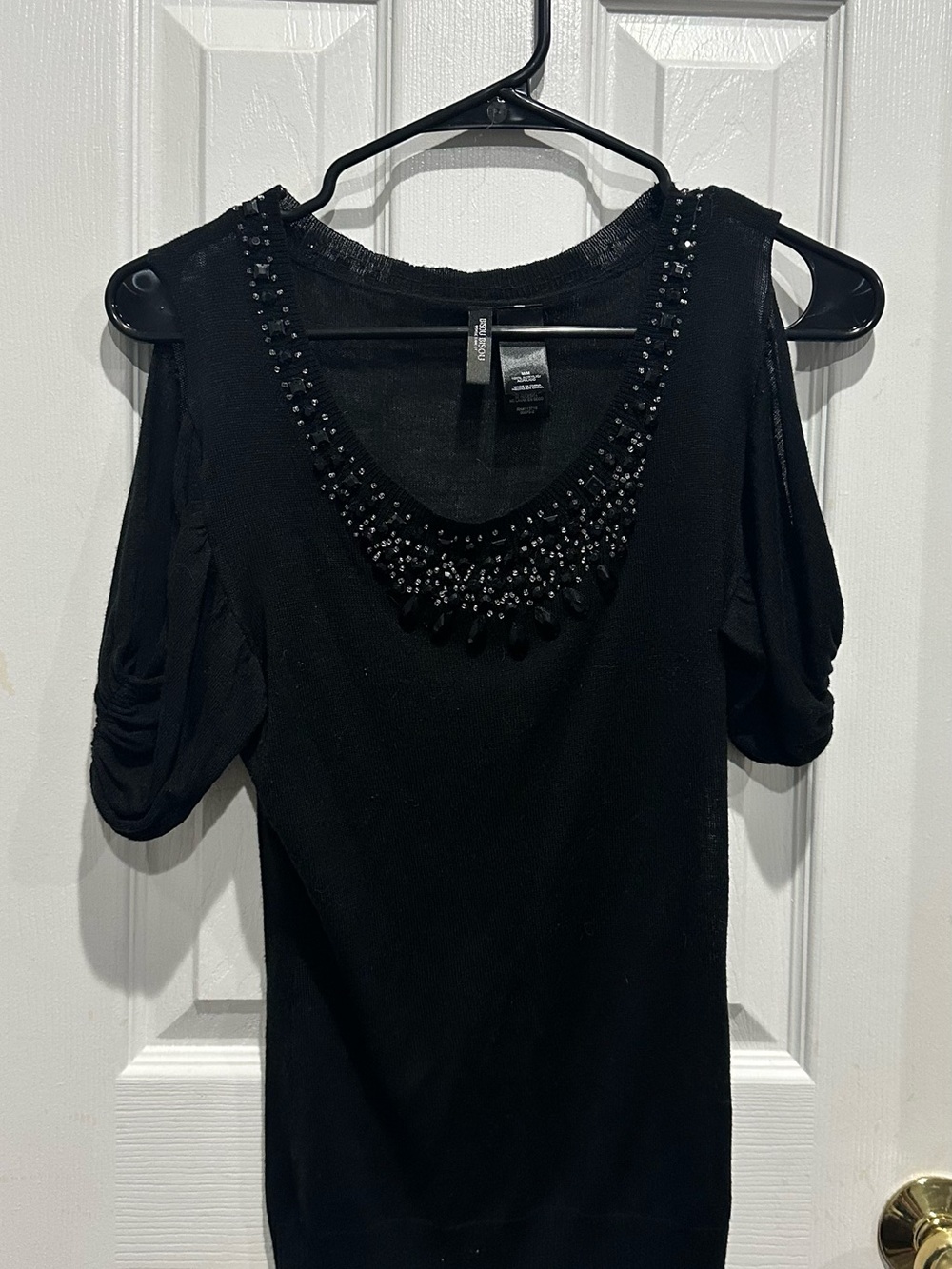 Bisou Bisou Black Cold-Shoulder Beaded Neckline Top